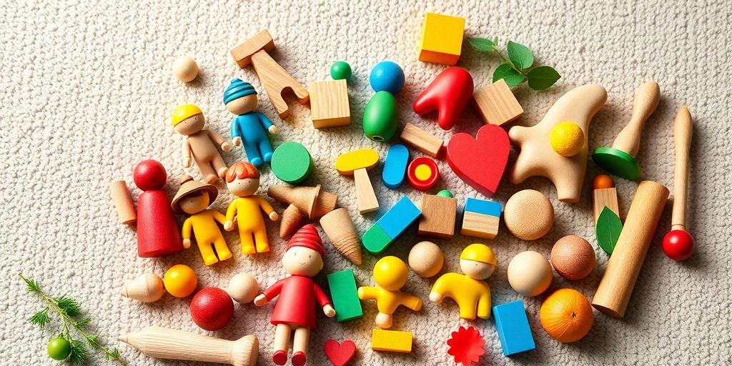 Giocattoli Waldorf colorati disposti su un morbido sottofondo.