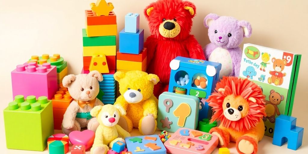 Various toys for different age groups on a table.
